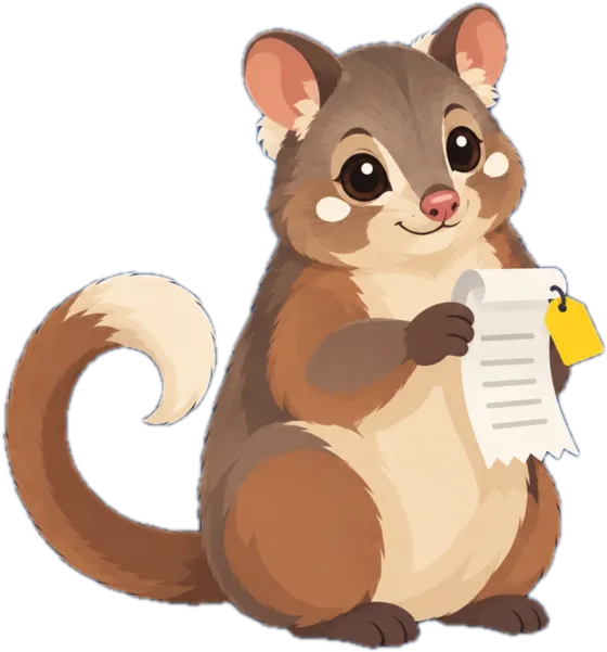 The possum holding a long receipt with a price tag on it.