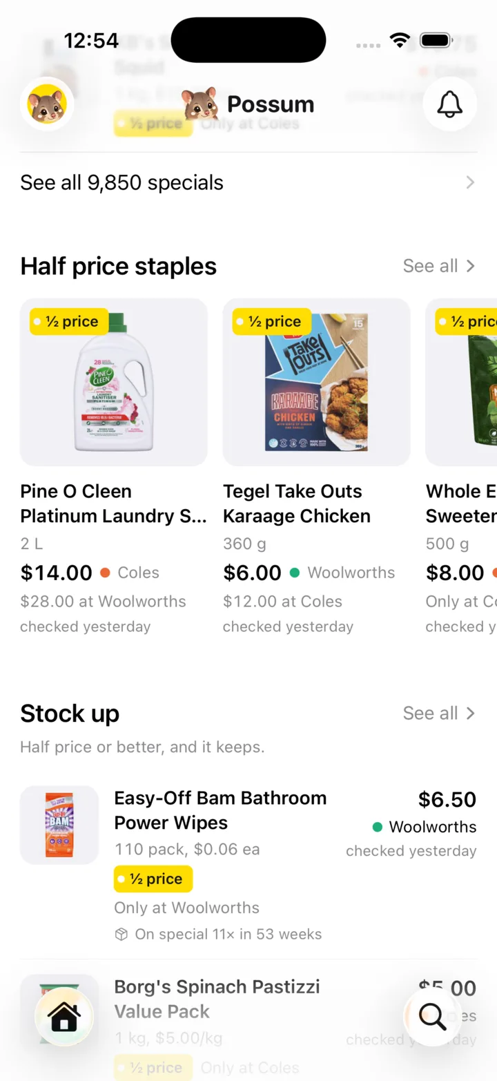 Possum’s half price staples and stock-up suggestions, each with the supermarket and when it was checked.